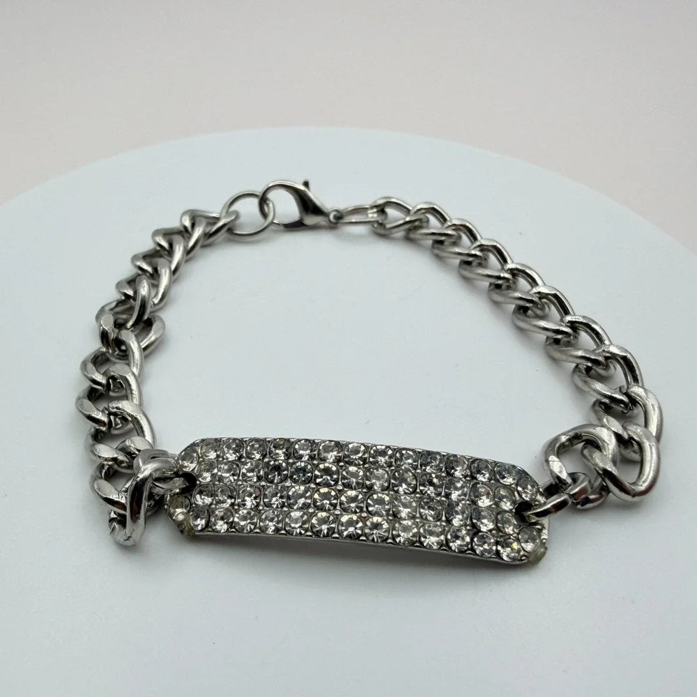 Vintage 90s Silver Tone ID Bar Bracelet Embellishments Adjustable Chain Jewelry